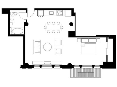 Floor plan for 1 bed, 1 bath, 843 sqft