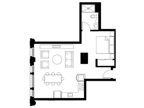 Floor plan for 1 bed, 1 bath, 722 sqft