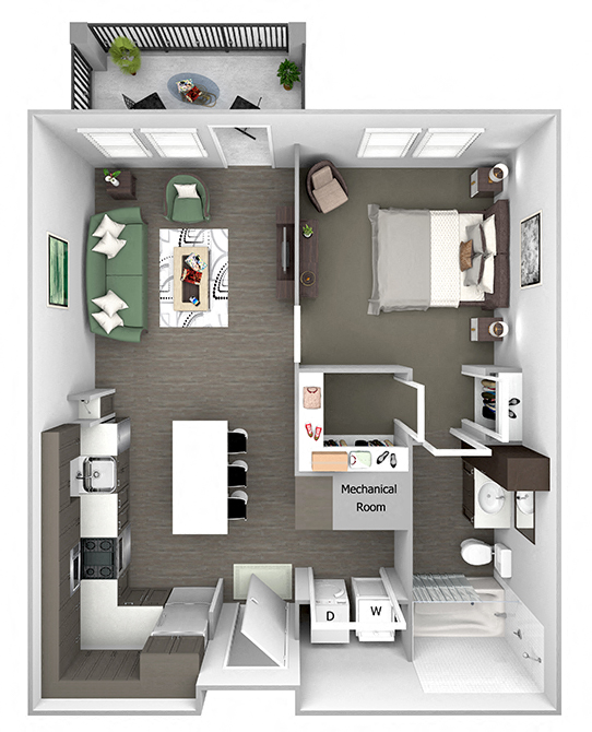 Floor plan for 1 bed, 1 bath, 712 sqft