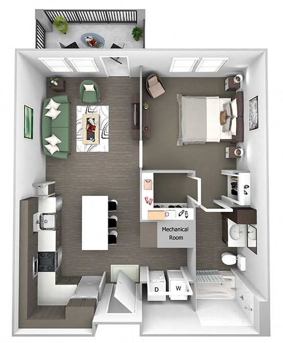 Floor plan for 1 bed, 1 bath, 731 sqft