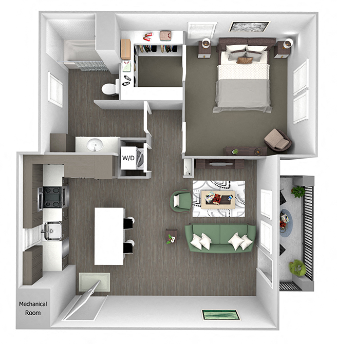 Floor plan for 1 bed, 1 bath, 769 sqft
