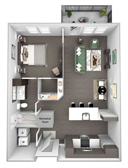 Floor plan for 1 bed, 1 bath, 778 sqft