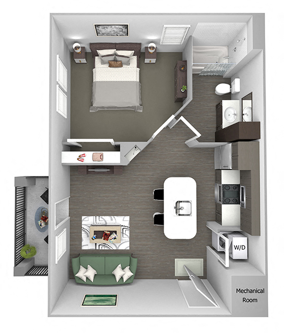 Floor plan for 1 bed, 1 bath, 578 sqft
