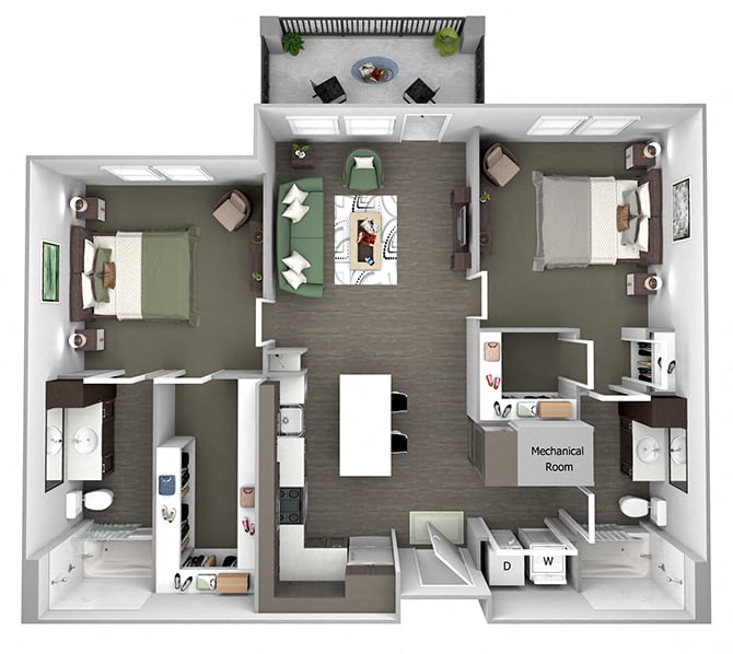 Floor plan for 2 beds, 2 baths, 1028 sqft