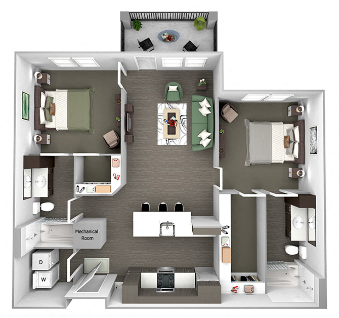 Floor plan for 2 beds, 2 baths, 1090 sqft