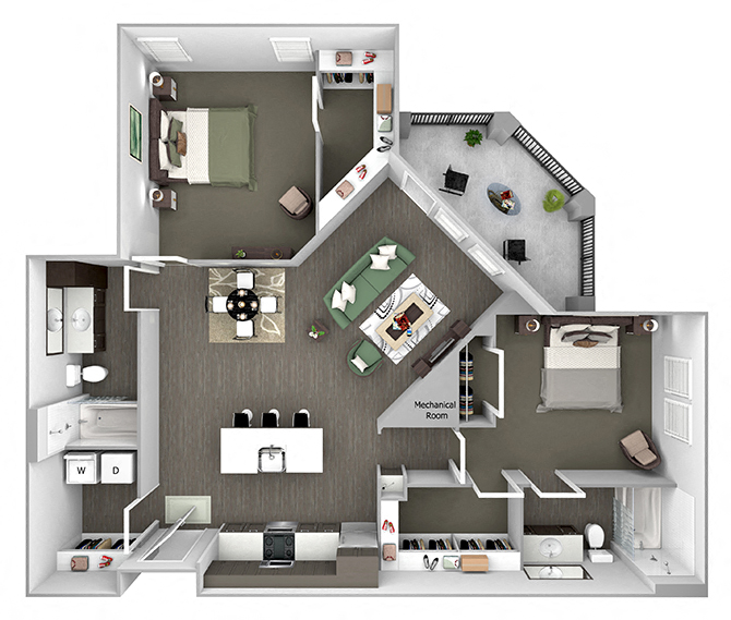Floor plan for 2 beds, 2 baths, 1198 sqft
