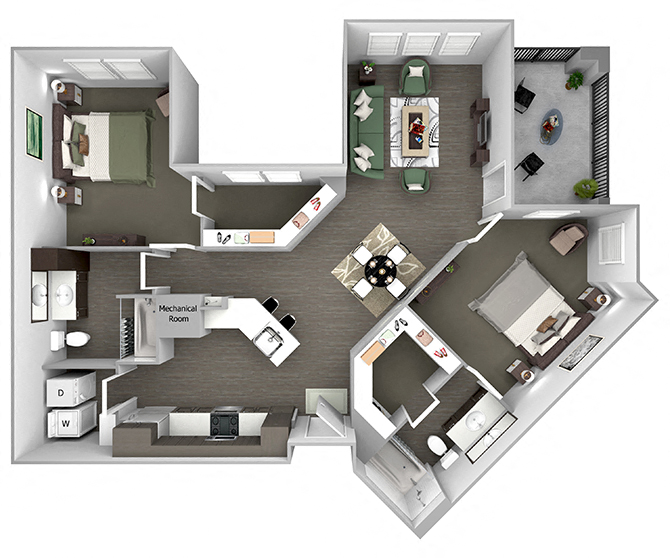 Floor plan for 2 beds, 2 baths, 1204 sqft