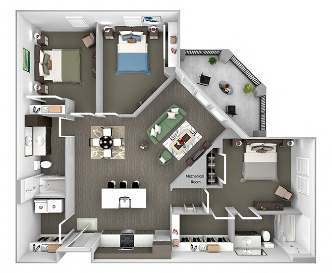 Floor plan for 3 beds, 2 baths, 1287 sqft