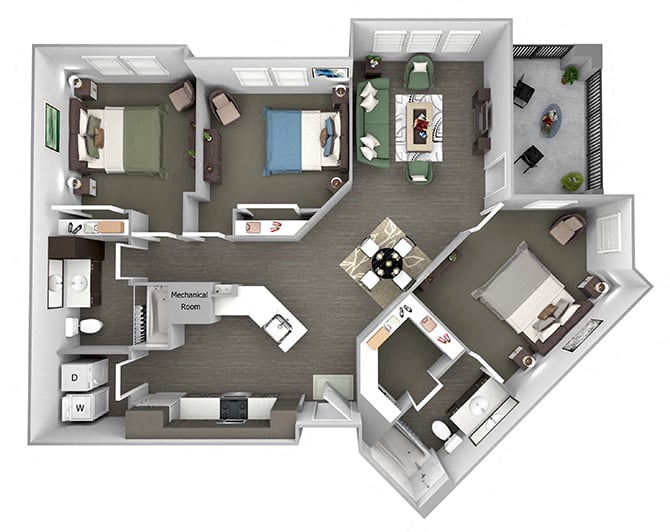 Floor plan for 3 beds, 2 baths, 1299 sqft