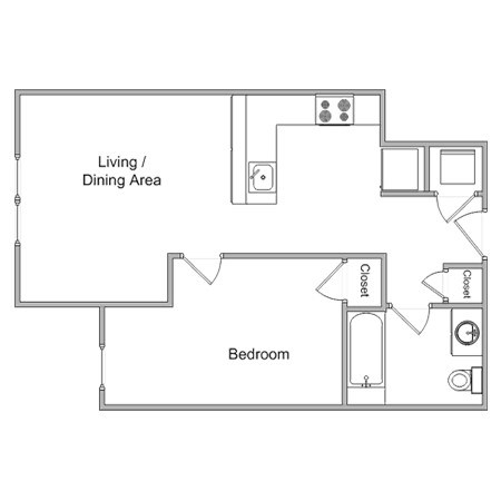 Floor plan for 1 bed, 1 bath, 652 sqft