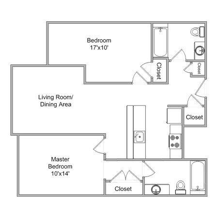 Floor plan for 2 beds, 1 bath, 901 sqft