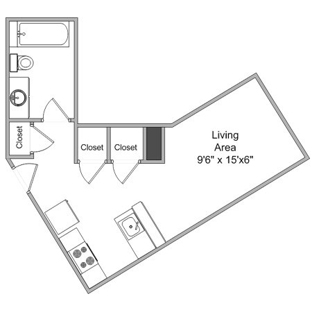 Floor plan for studio, 1 bath, 412 sqft