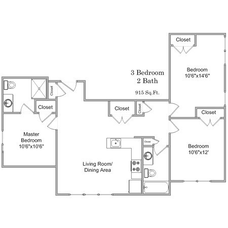 Floor plan for 3 beds, 1 bath, 1016 sqft