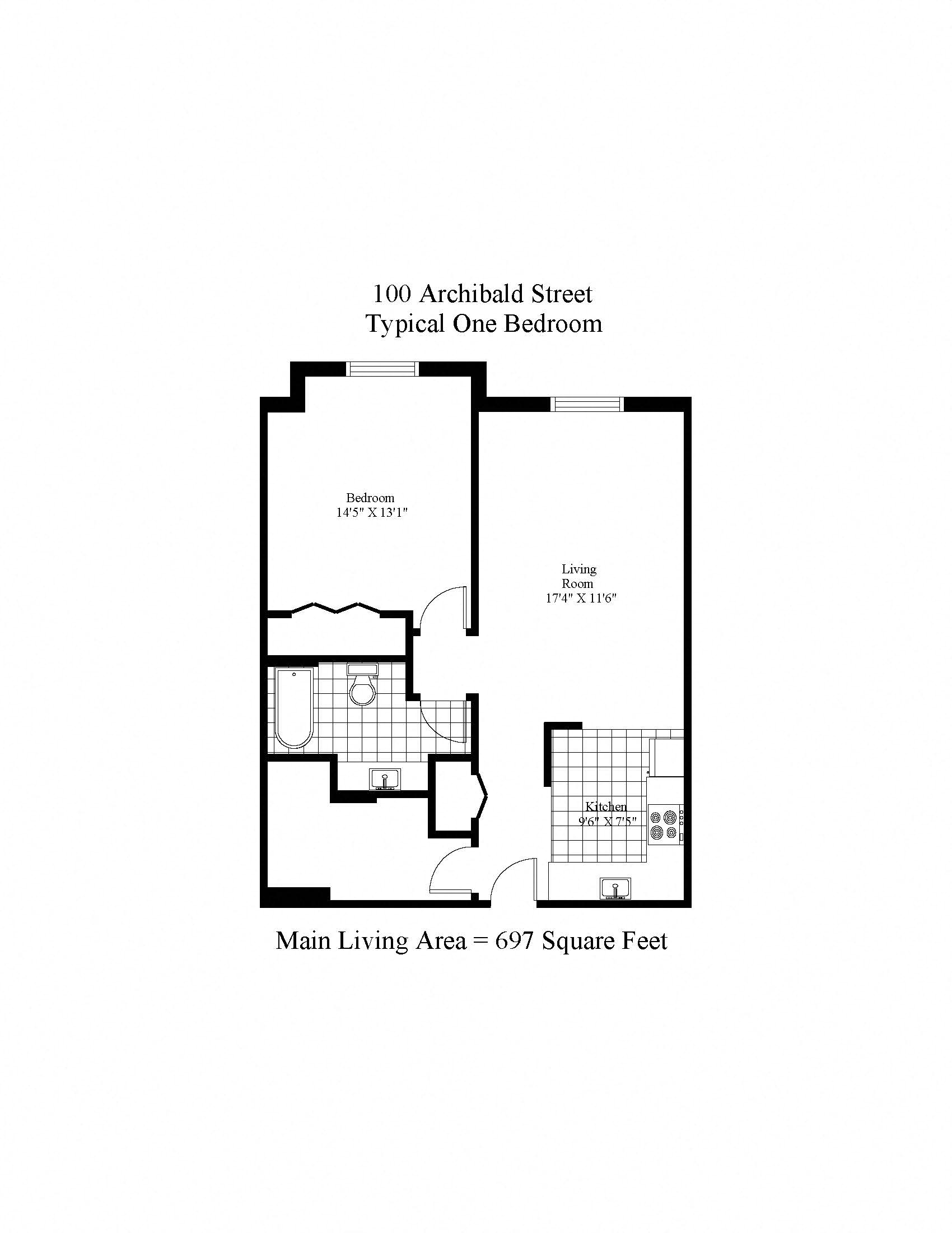 Floor plan for 1 bed, 1 bath, 672 sqft