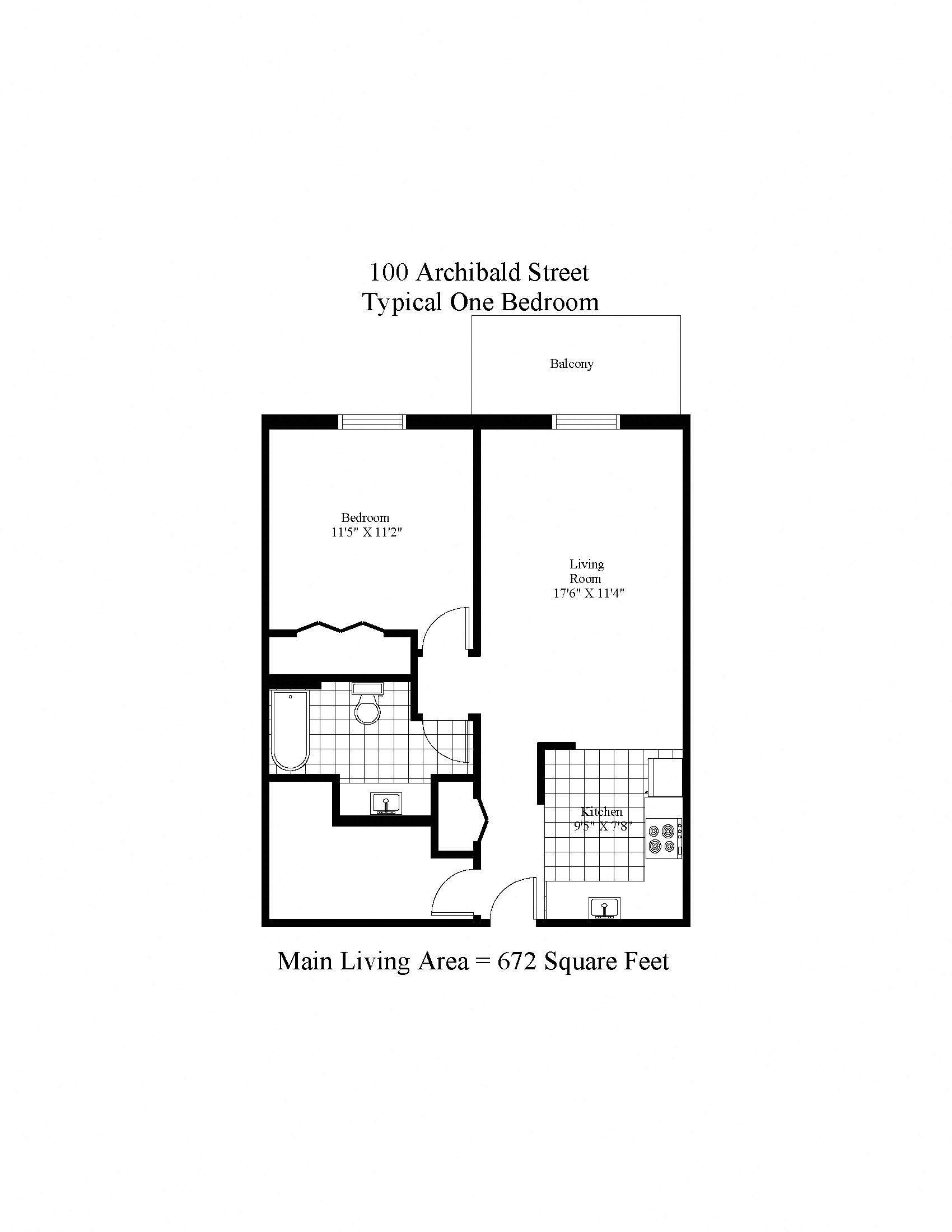 Floor plan for 1 bed, 1 bath, 697 sqft