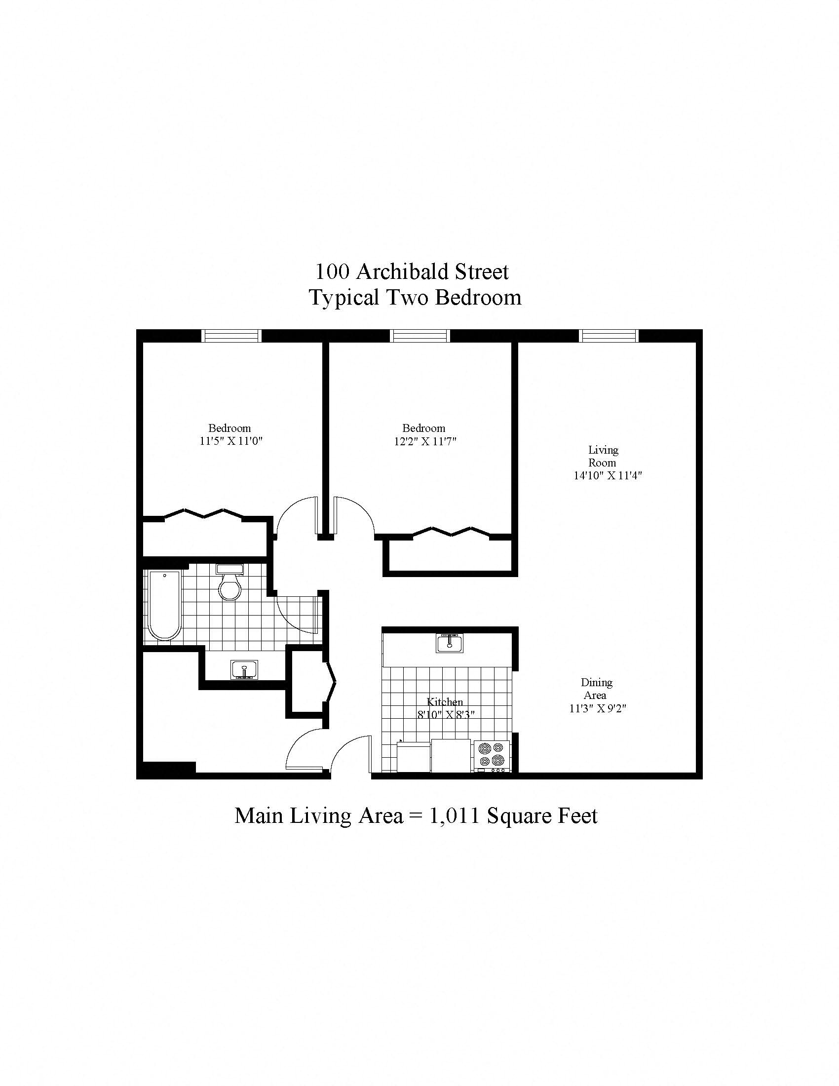 Floor plan for 2 beds, 1 bath, 1011 sqft