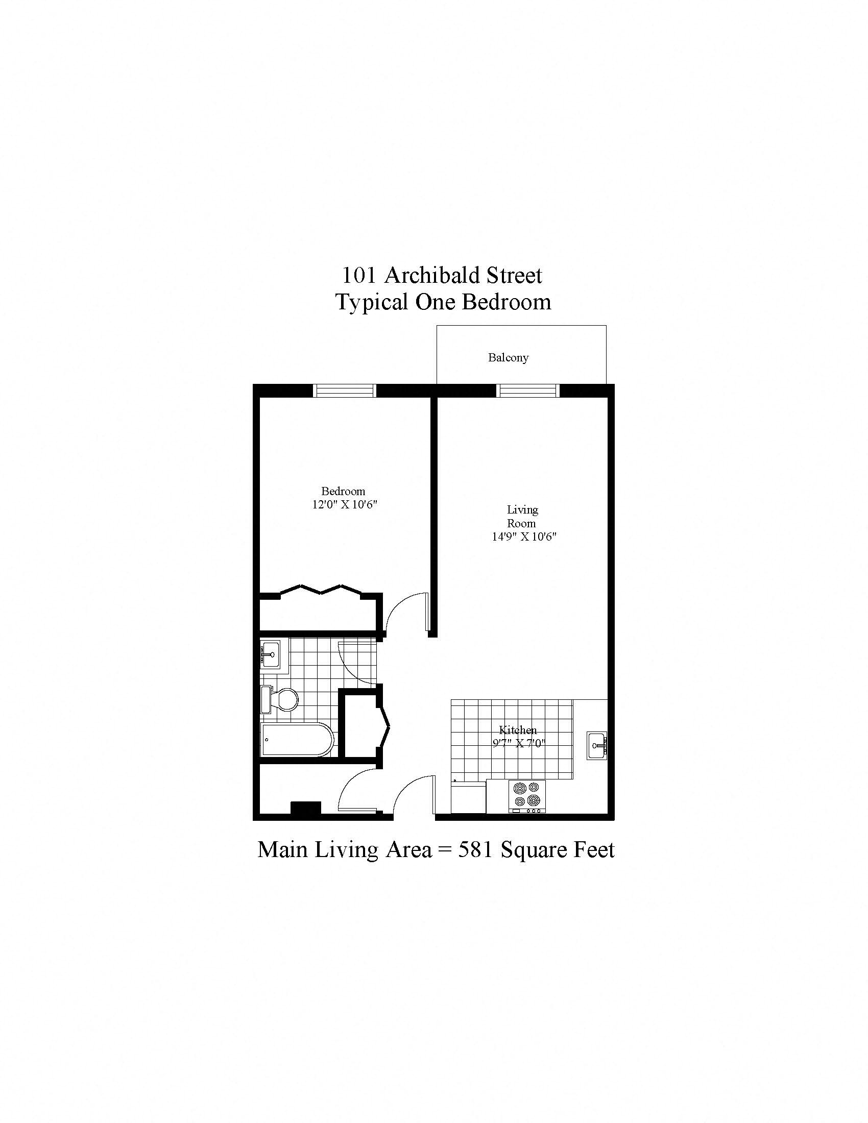 Floor plan for 1 bed, 1 bath, 581 sqft