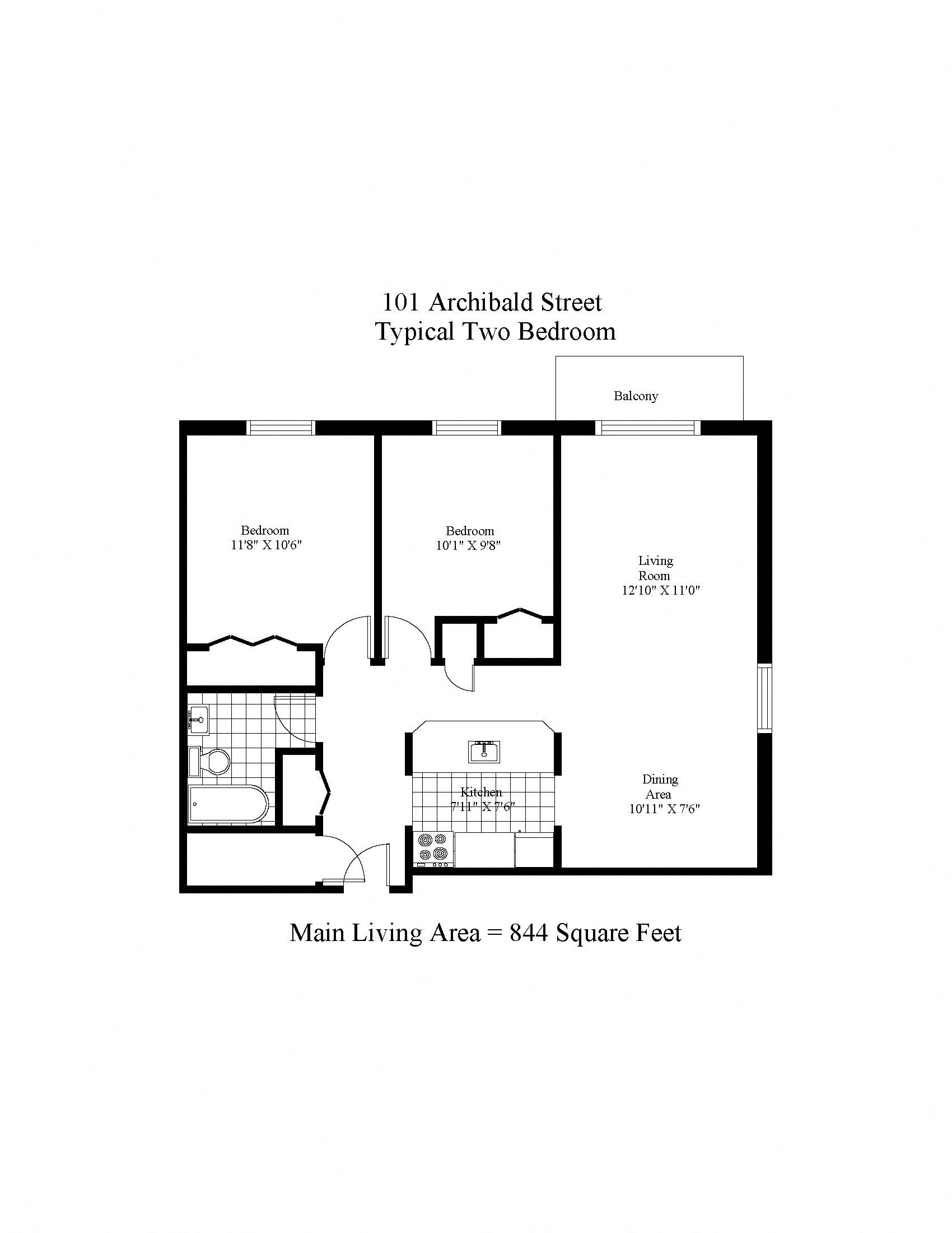Floor plan for 2 beds, 1 bath, 824 sqft