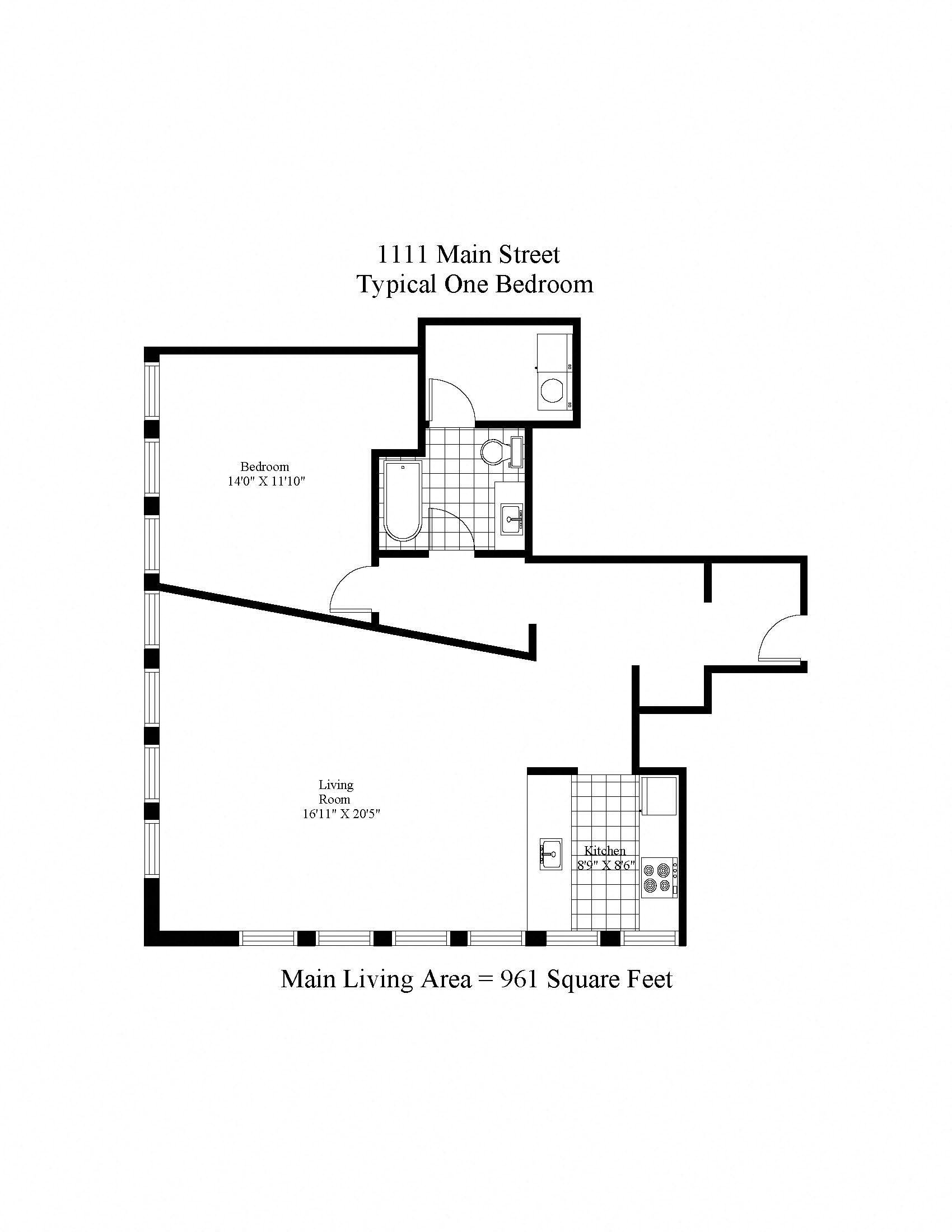 Floor plan for 1 bed, 1 bath, 960 sqft