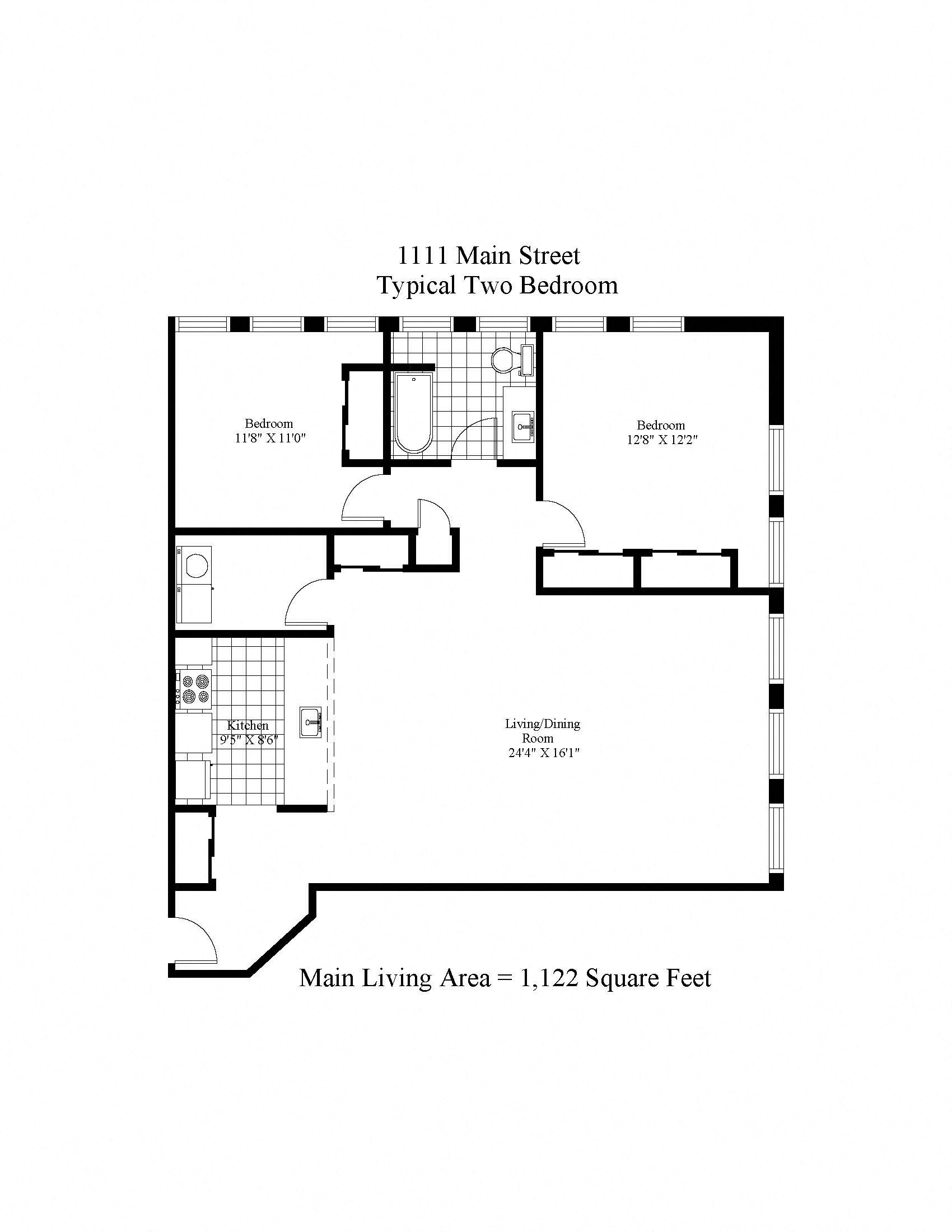 Floor plan for 2 beds, 1 bath, 1122 sqft