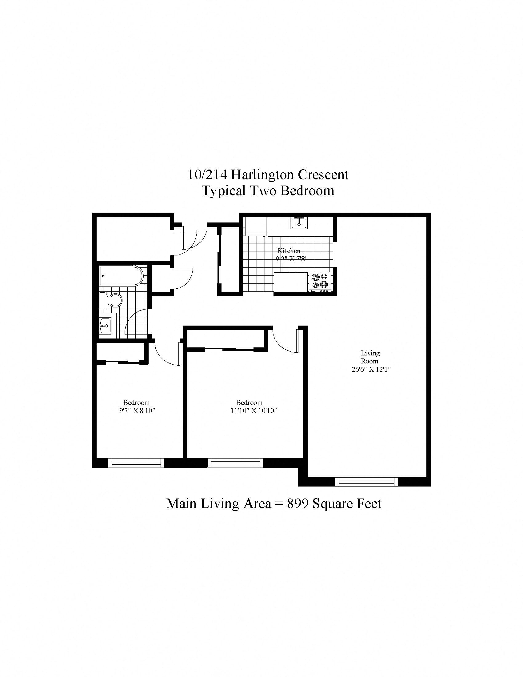 Floor plan for 2 beds, 1 bath, 899 sqft