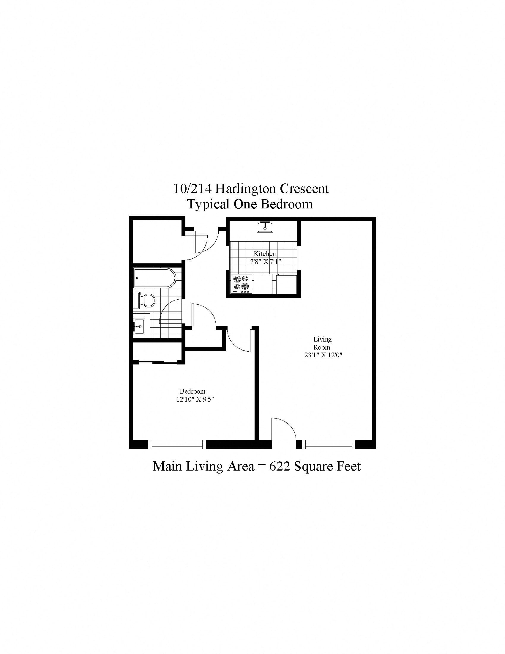 Floor plan for 1 bed, 1 bath