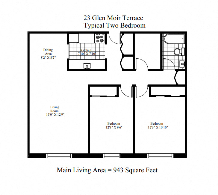 Floor plan for 2 beds, 1 bath, 943 sqft