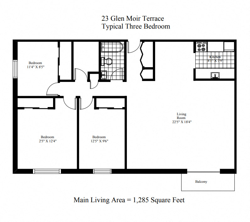 Floor plan for 3 beds, 1 bath, 1285 sqft