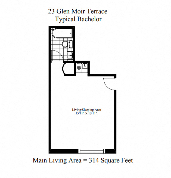 Floor plan for studio, 1 bath, 314 sqft