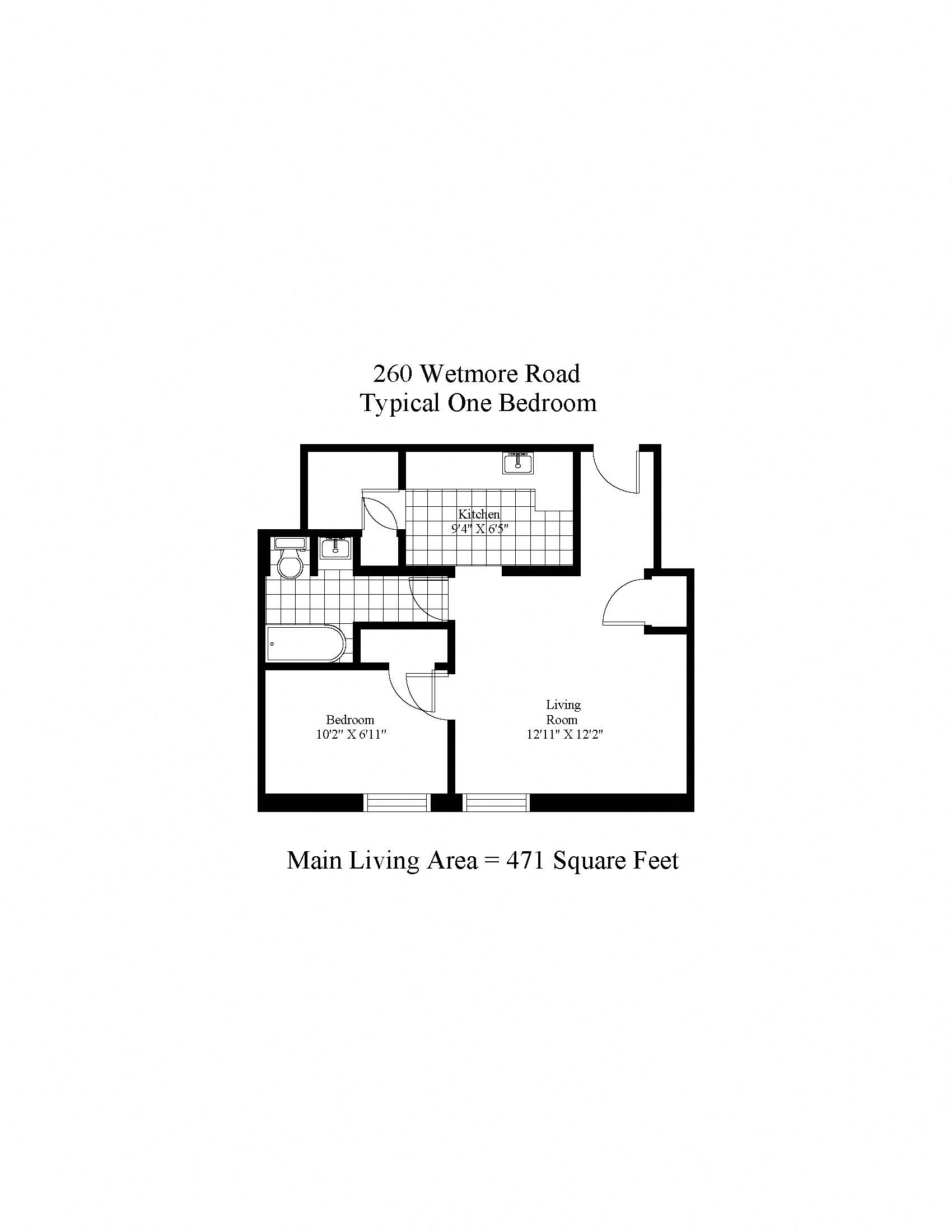 Floor plan for 1 bed, 1 bath, 616 sqft