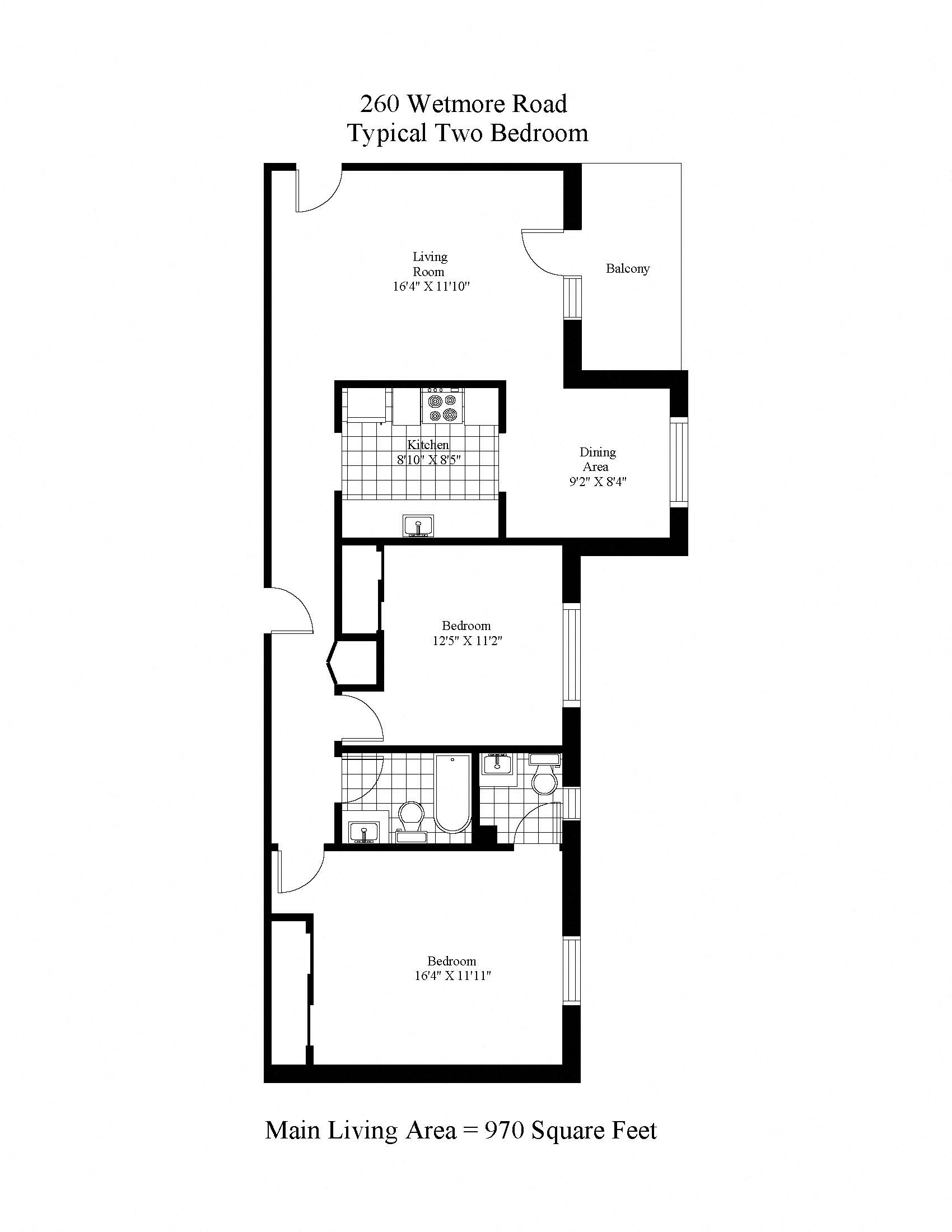 Floor plan for 2 beds, 1 bath, 814 sqft