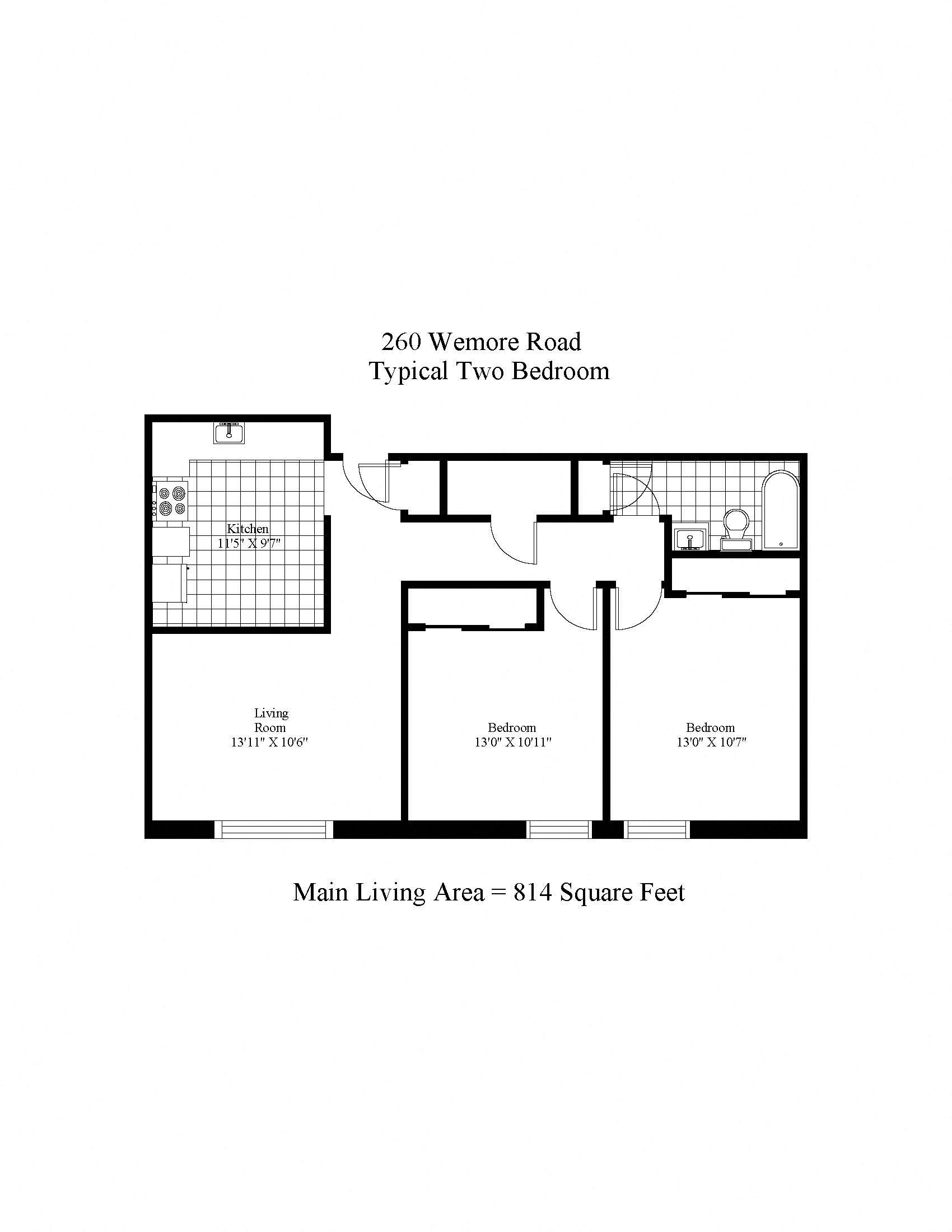 Floor plan for 2 beds, 1 bath, 814 sqft