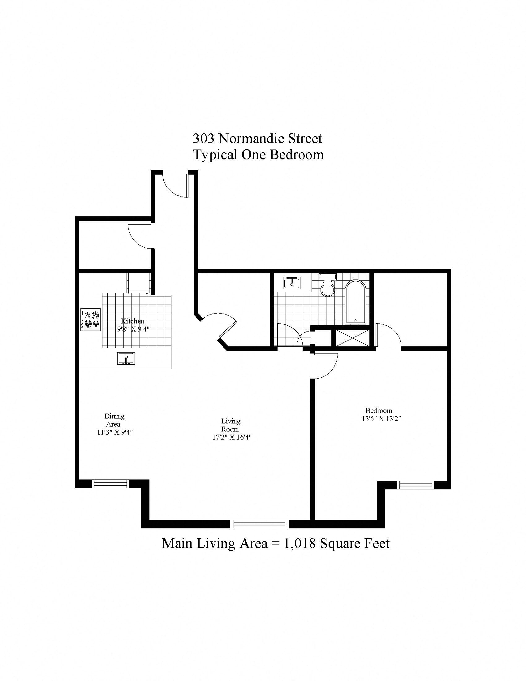 Floor plan for 1 bed, 1 bath, 659 sqft