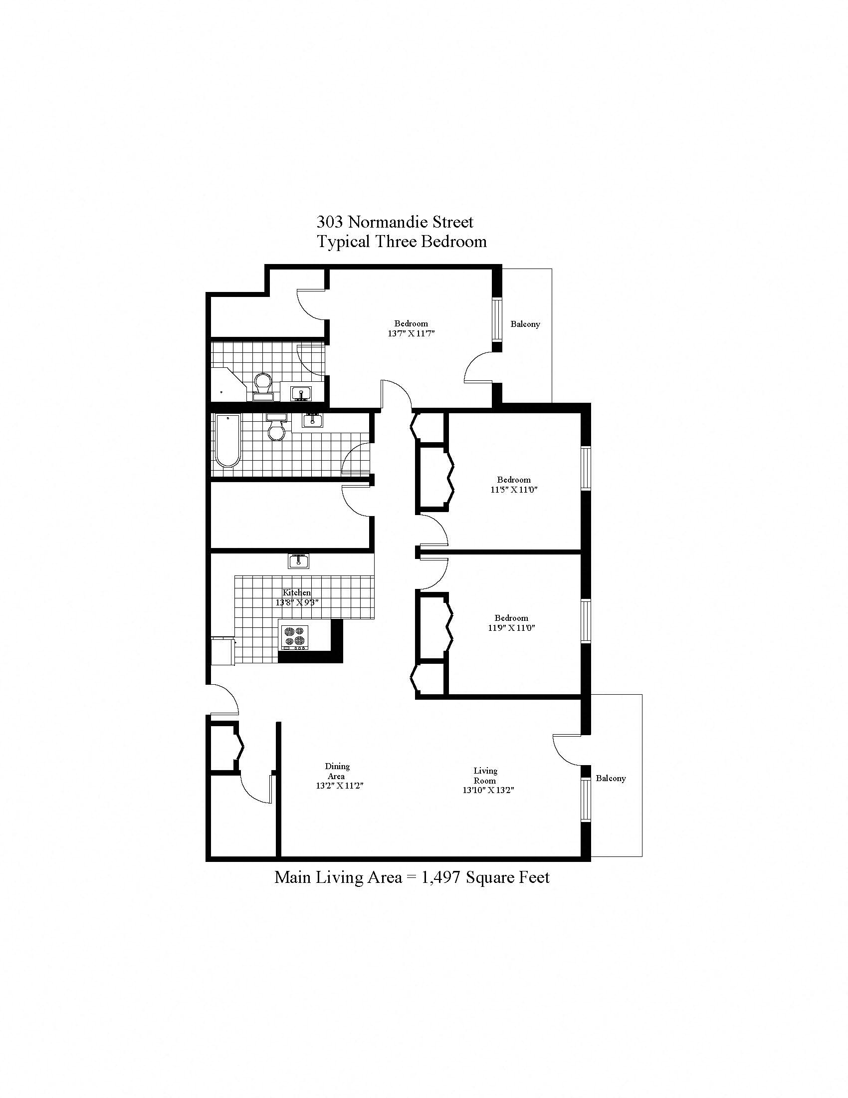 Floor plan for 3 beds, 2 baths, 1497 sqft