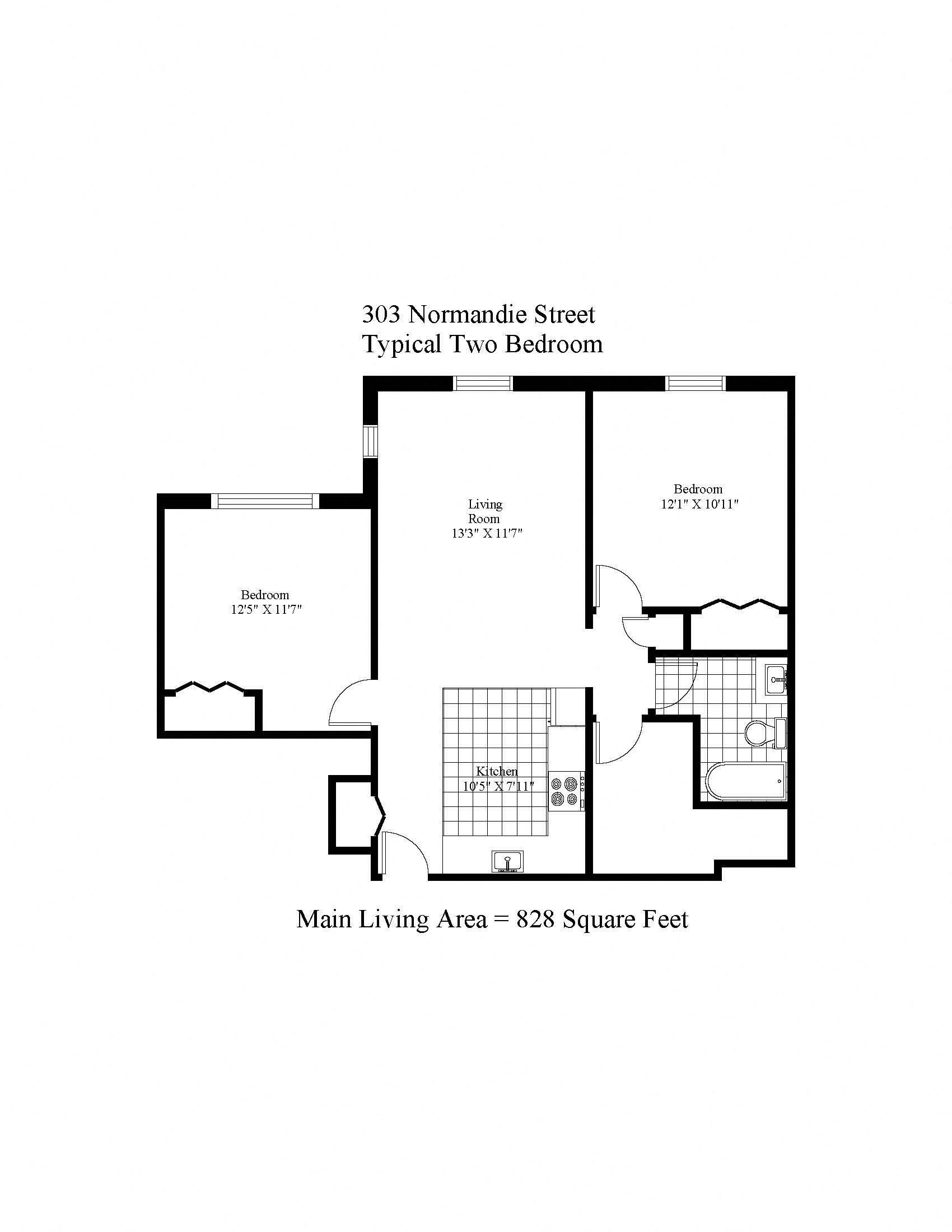 Floor plan for 2 beds, 1 bath, 939 sqft