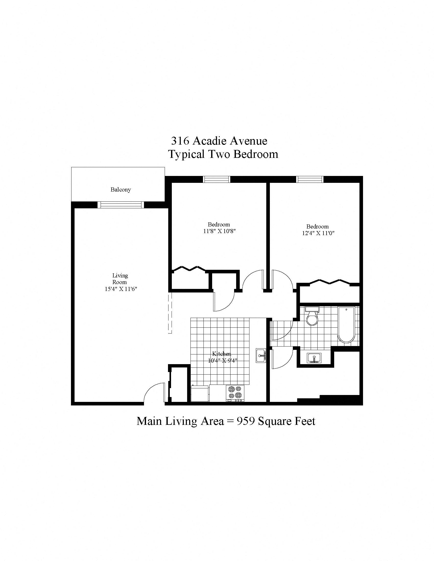 Floor plan for 2 beds, 1 bath, 959 sqft
