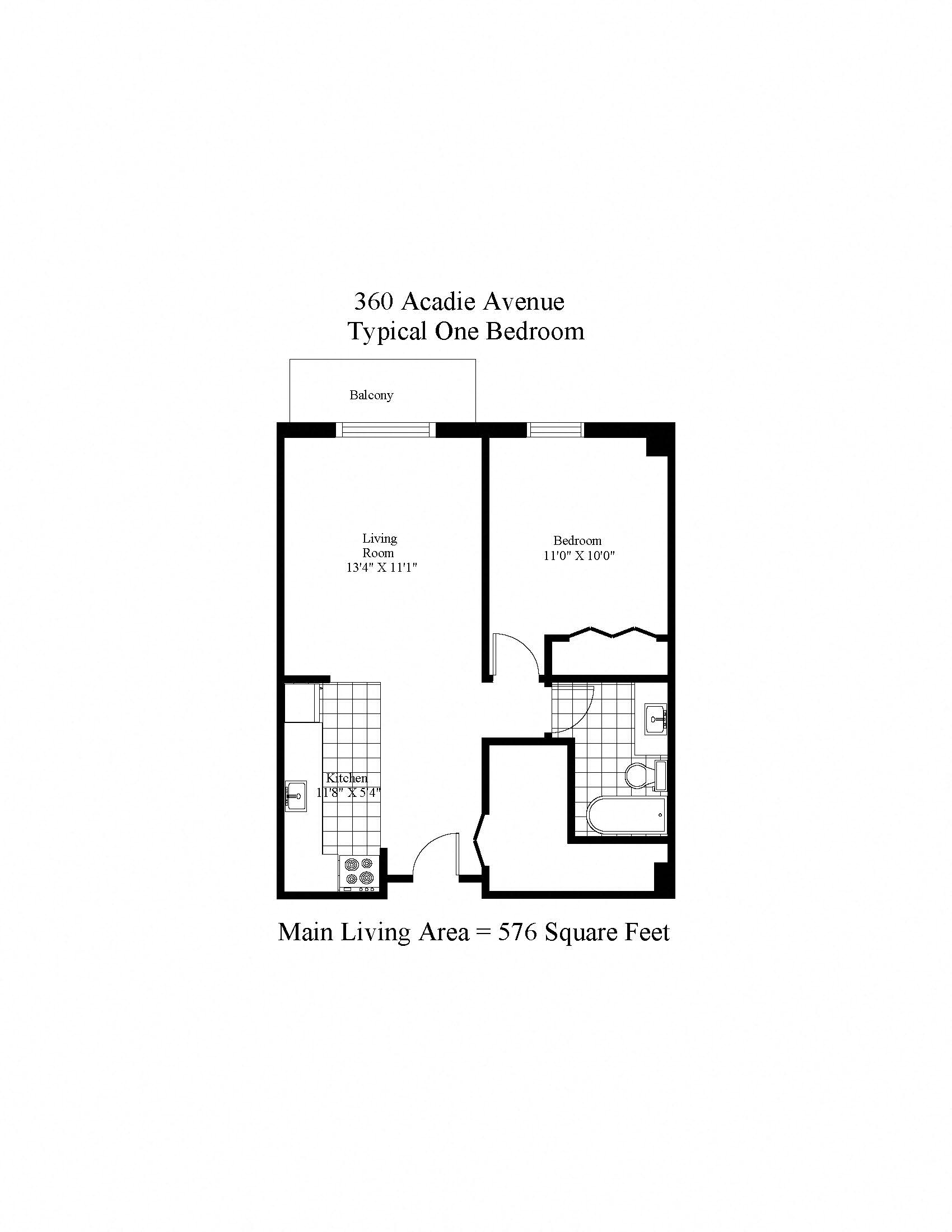 Floor plan for 1 bed, 1 bath, 576 sqft