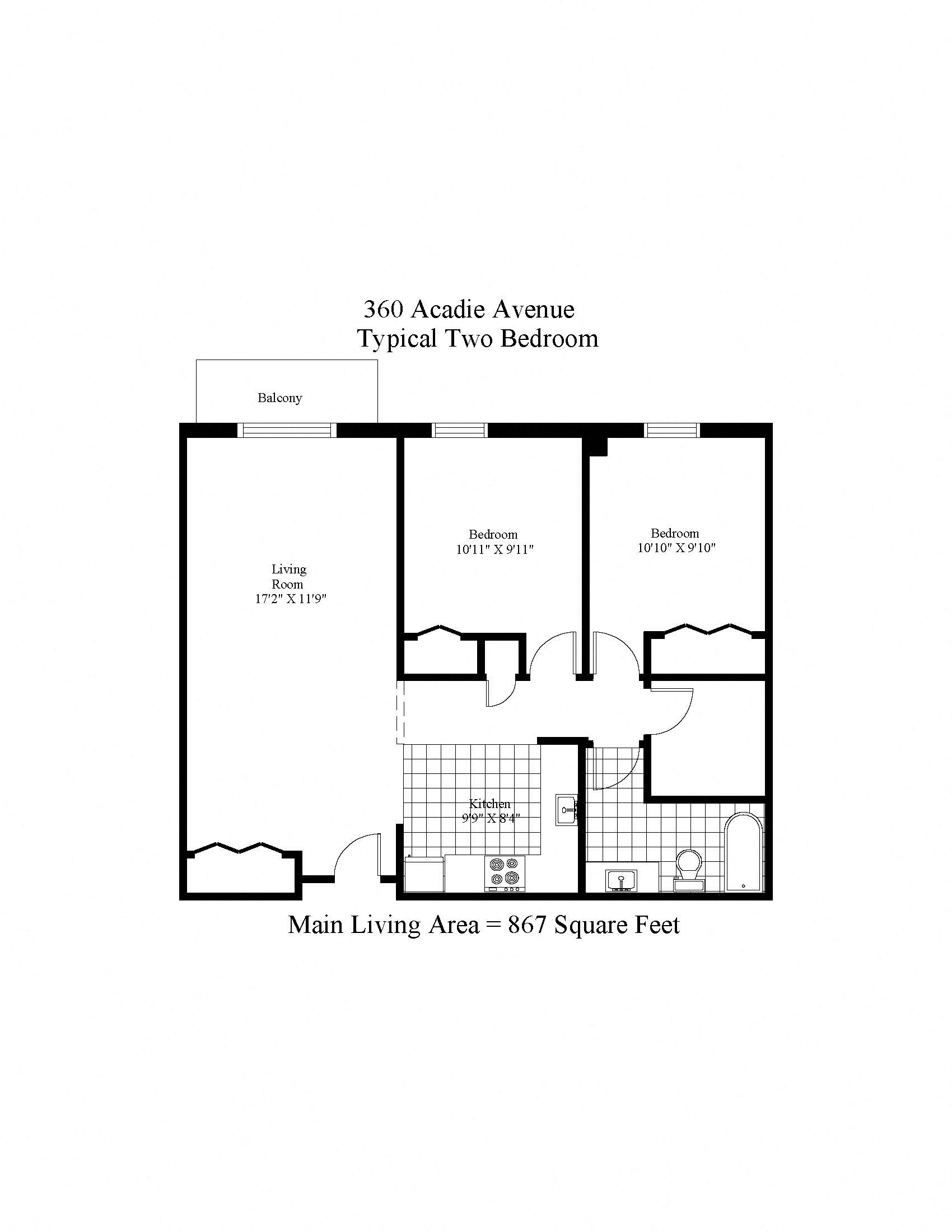 Floor plan for 2 beds, 1 bath, 867 sqft