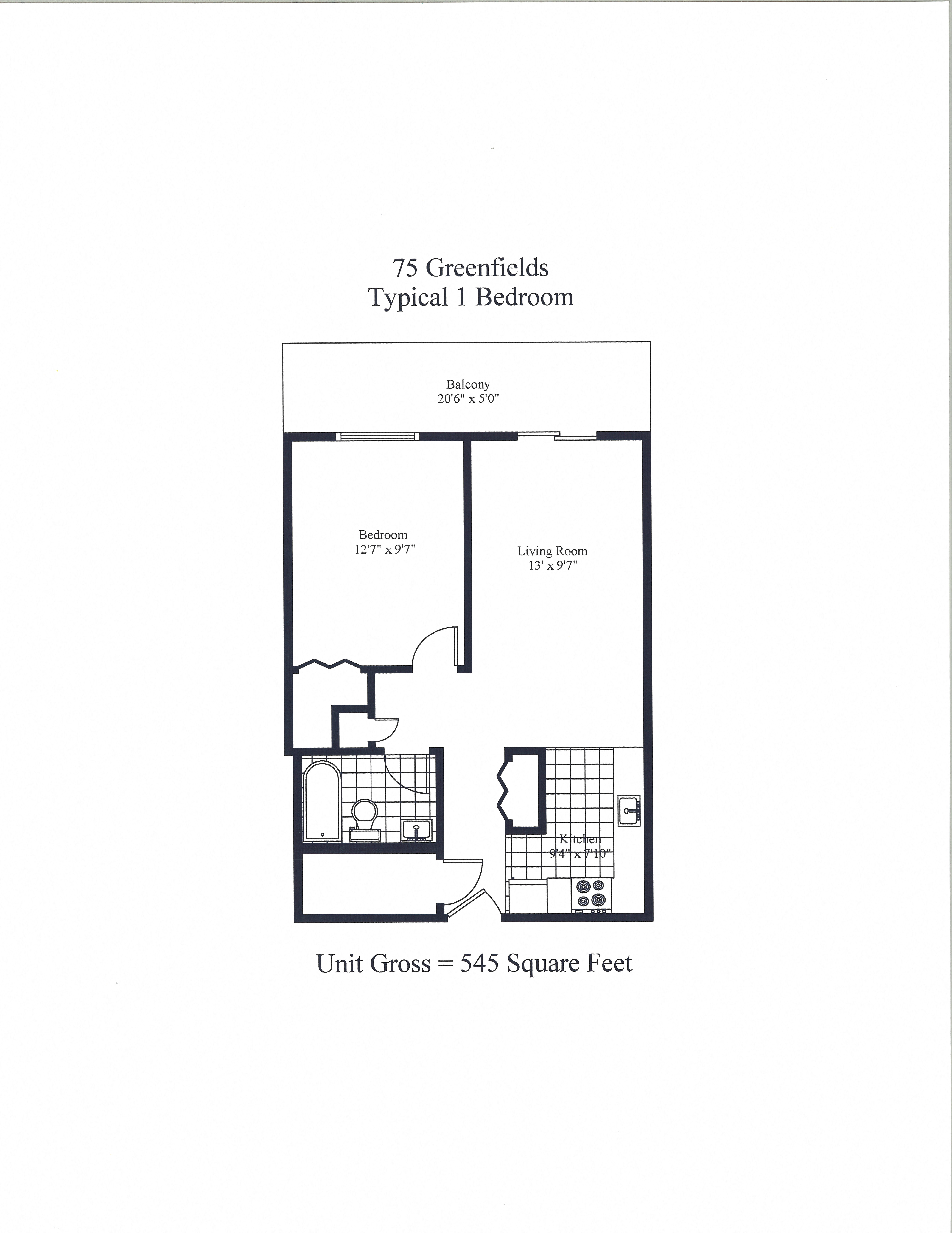 Floor plan for 1 bed, 1 bath, 545 sqft