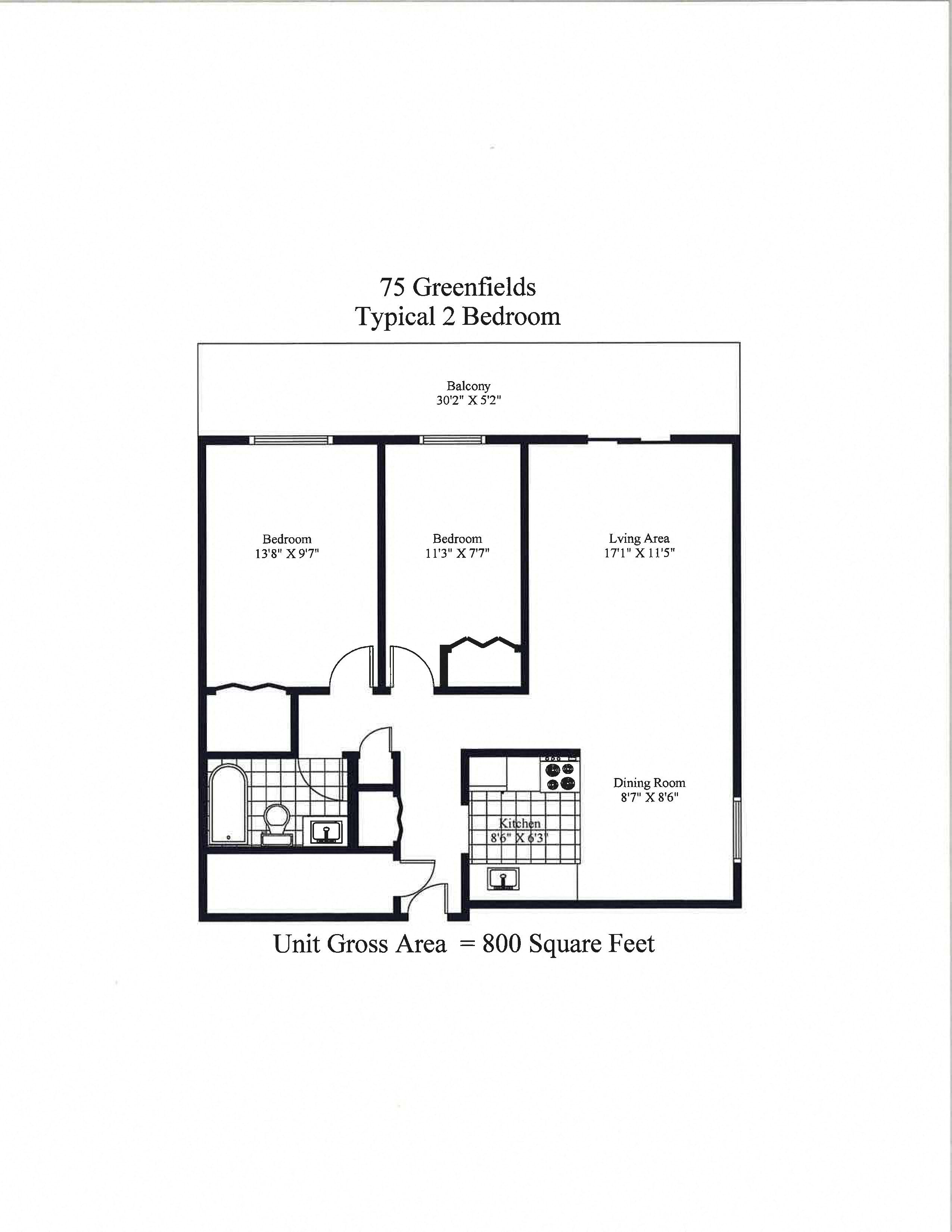 Floor plan for 2 beds, 1 bath, 800 sqft