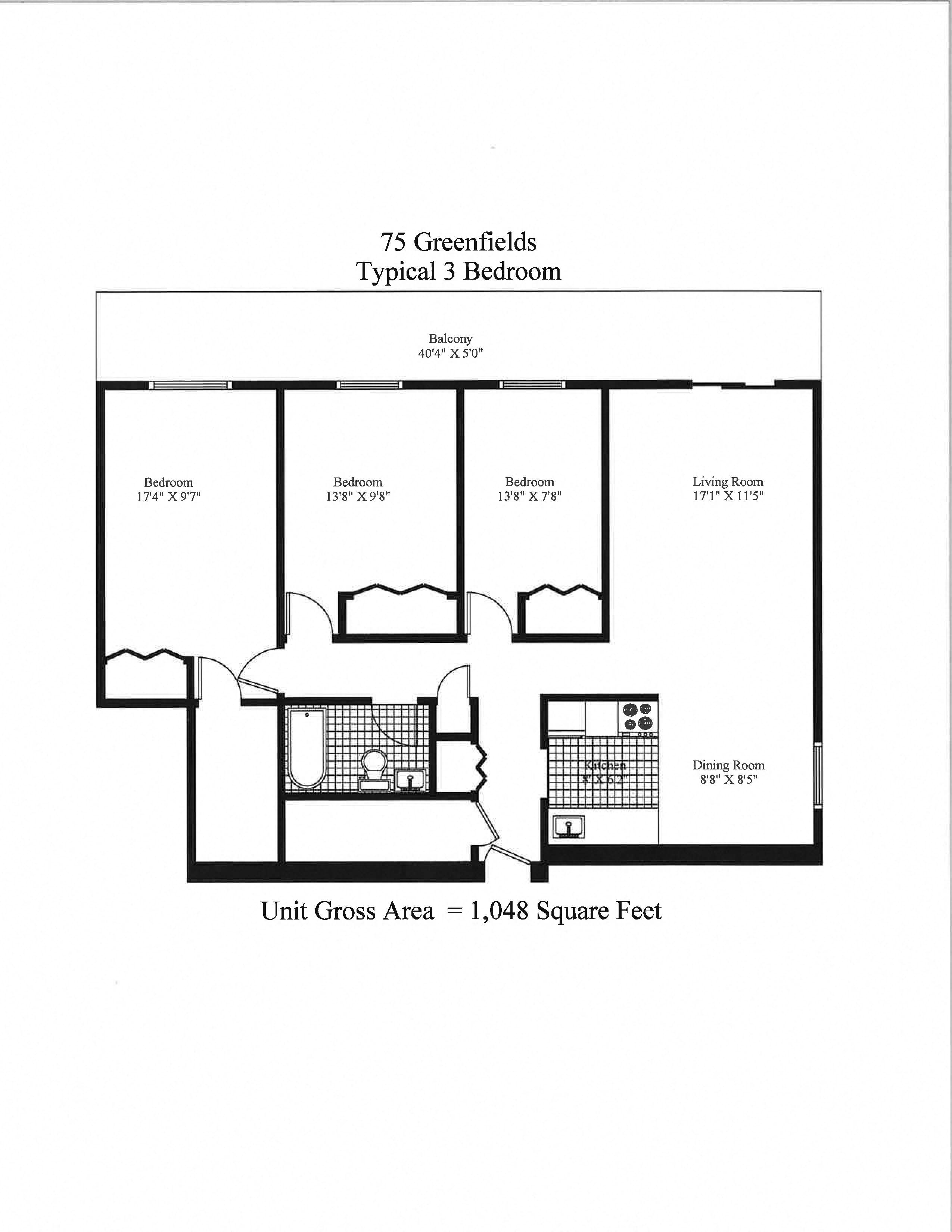 Floor plan for 3 beds, 1 bath, 1048 sqft