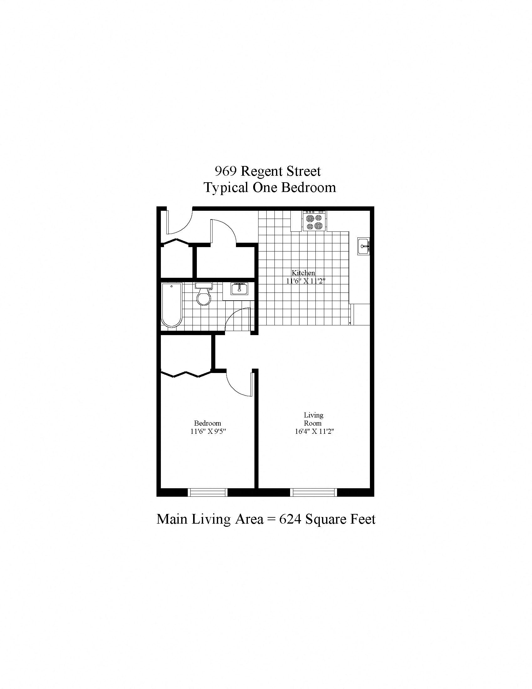Floor plan for 1 bed, 1 bath, 624 sqft