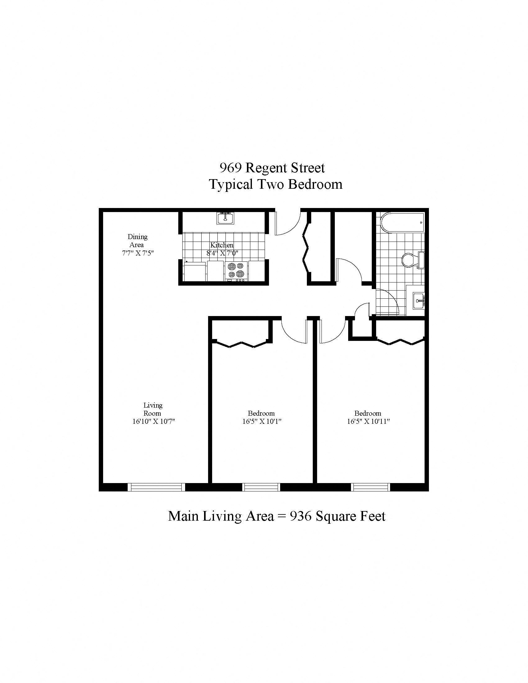 Floor plan for 2 beds, 1 bath, 831 sqft