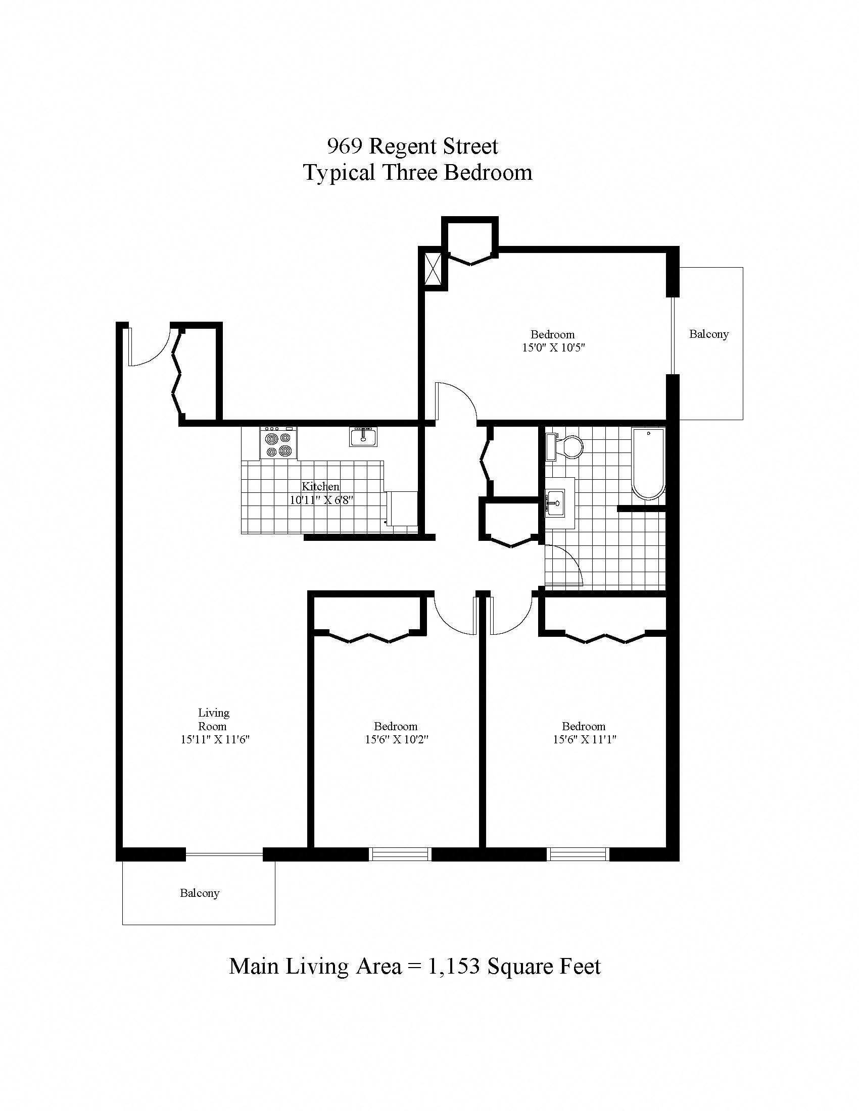 Floor plan for 3 beds, 1 bath, 1153 sqft