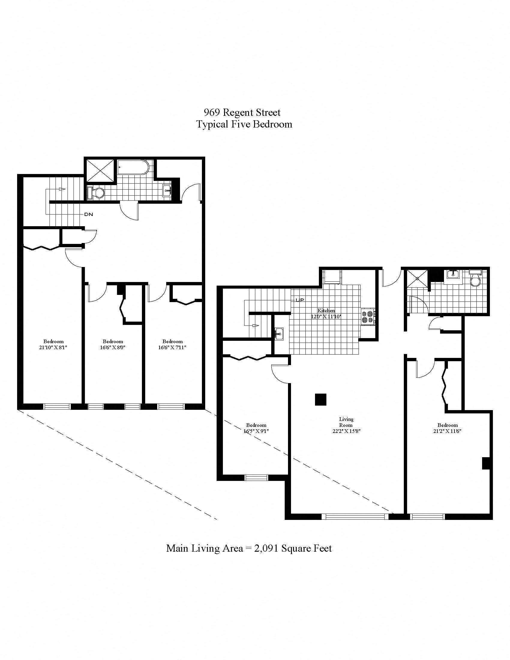Floor plan for 5 beds, 2 baths, 2091 sqft