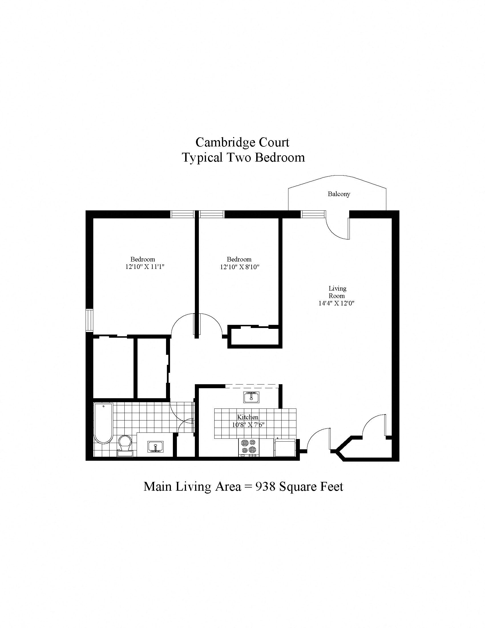 Floor plan for 2 beds, 1 bath, 945 sqft