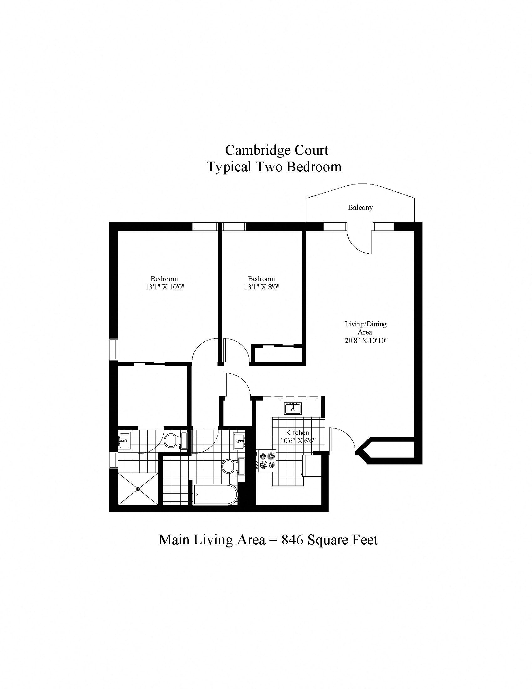 Floor plan for 2 beds, 2 baths, 1055 sqft
