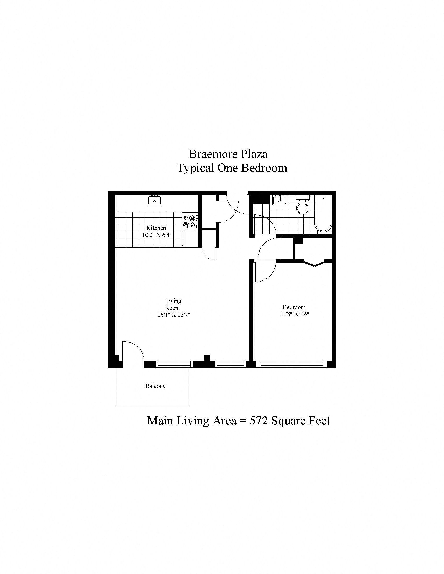 Floor plan for 1 bed, 1 bath, 572 sqft