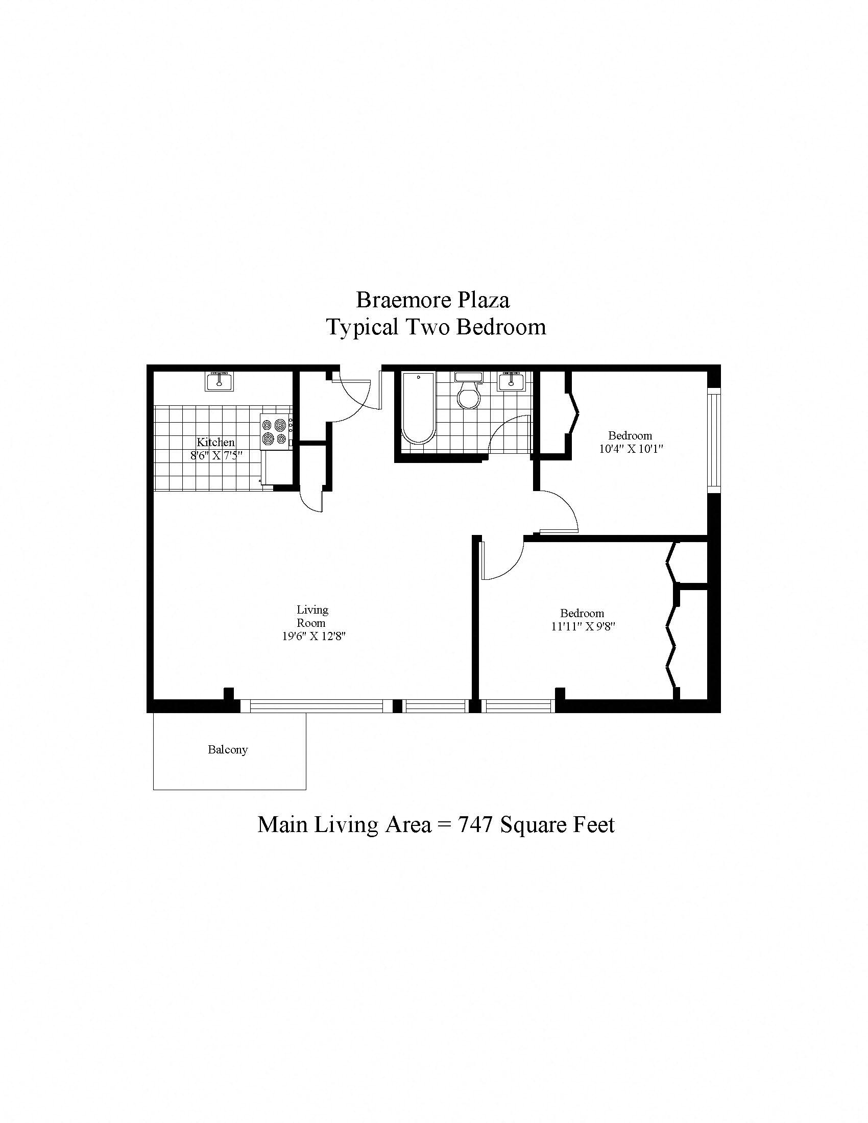 Floor plan for 2 beds, 1 bath, 792 sqft