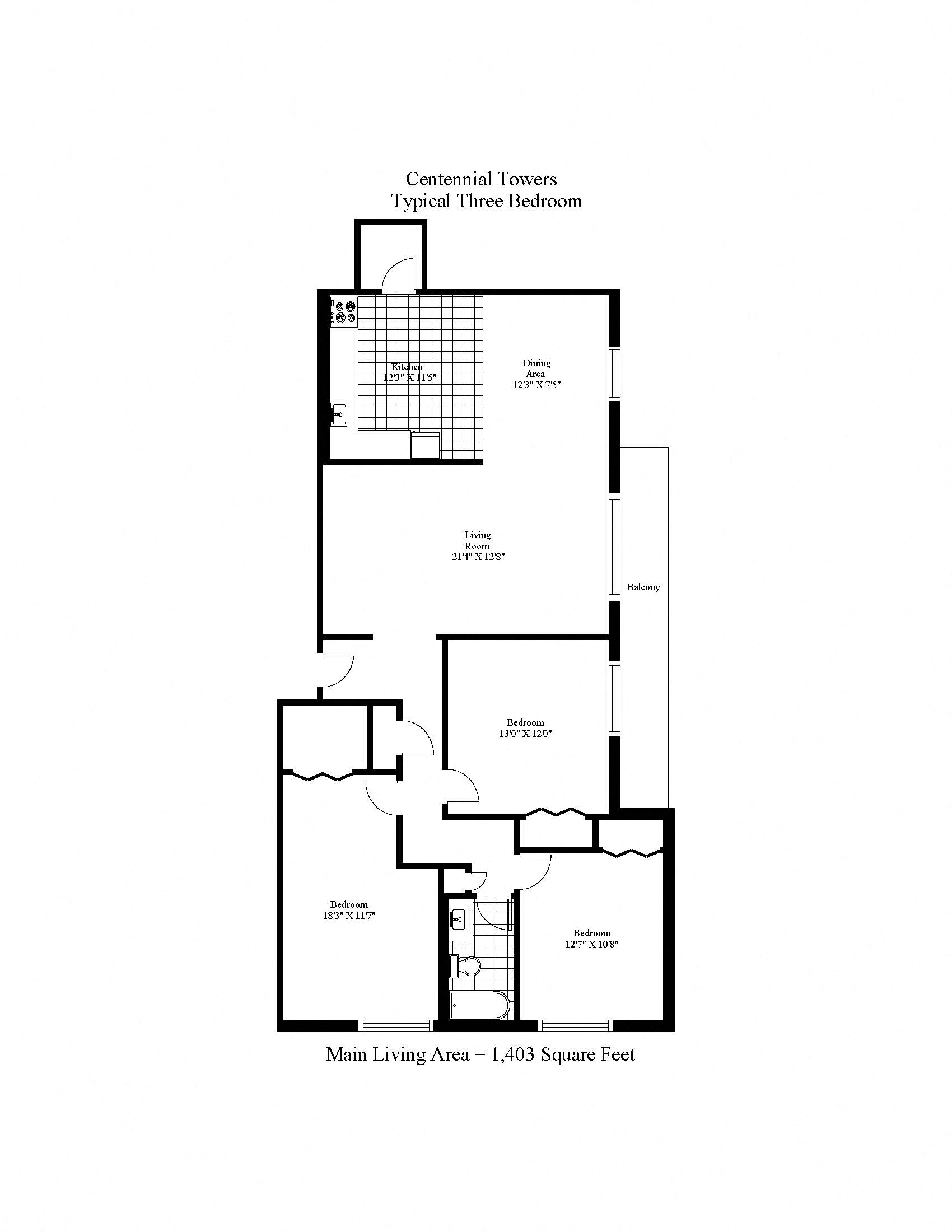 Floor plan for 3 beds, 1 bath, 1403 sqft